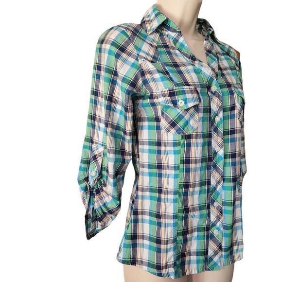 Rue 21 Western Button Blouse Plaid Long Sleeves - Picture 2 of 9